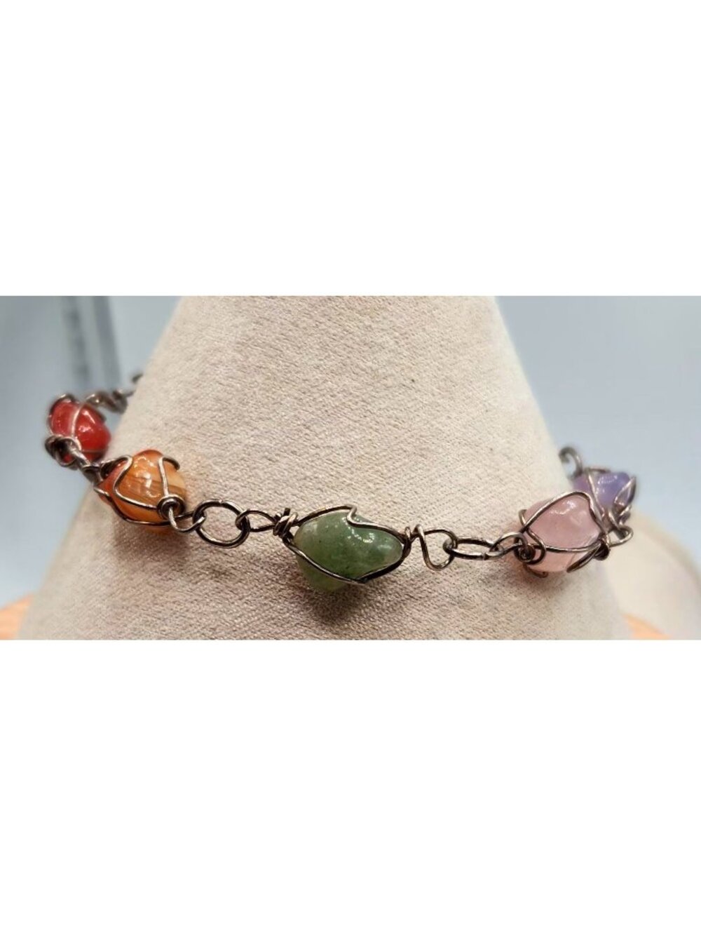 Tumbled Gemstones Wrapped In Wire Chain Bracelet -7"